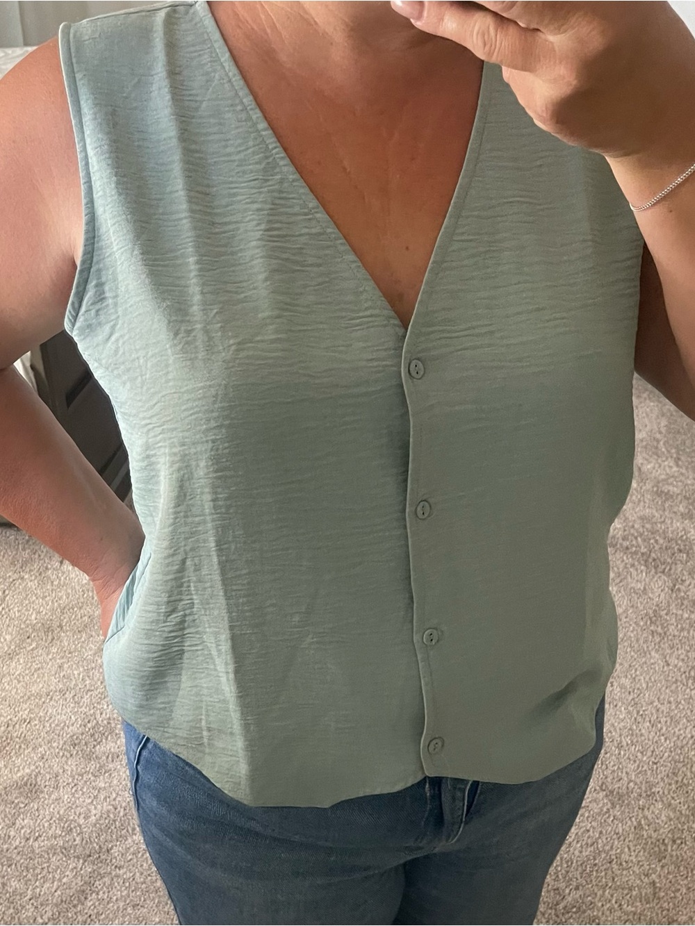 Sleeveless V-Neck Button Front Camisole in Sage Green